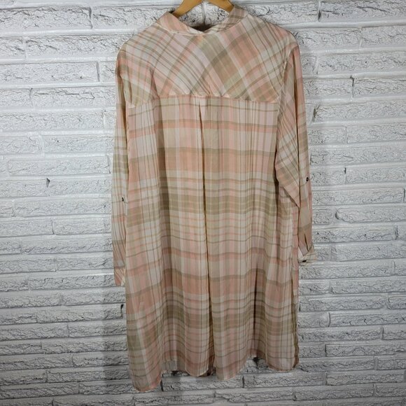 Catherines Womens Dress 3X Plus Button Up Pink Tan Plaid Sheer PLA10E - Picture 5 of 10